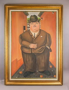 OOC Sgd Fernando Botero '1975 Ministerio Cultura: Oil on canvas, framed. Attributed to Fernando Botero (1932 - 2023). The painting features a robust, exaggerated figure of a man dressed in a brown suit, white shirt, and black tie, standing in a narro