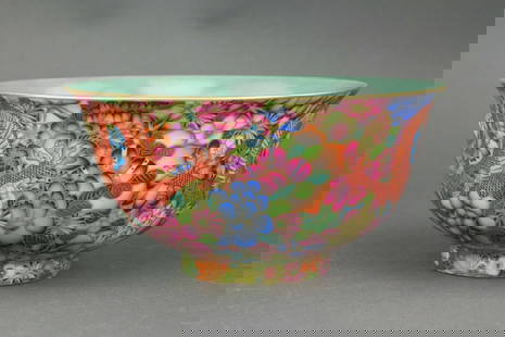 Chinese Famille Rose Porcelain Bowl Yongzheng Mark: Chinese Famille Rose porcelain bowl with flared rim and rounded sides, the exterior decorated with two five-clawed dragons amid scrolling lotus and floral motifs in vivid enamels against a white groun