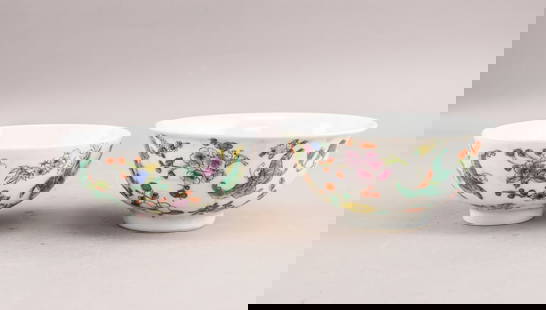 Chinese Porcelain Bowls 2pc w/ Yongzheng MK: Pair of Chinese porcelain bowls, each of slightly different proportions, decorated in famille rose enamels with birds, butterflies, and flowering branches on a white ground. Both bowls have flared rim
