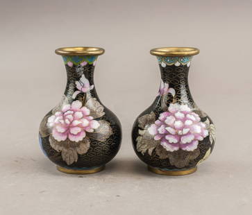Chinese Small Brass Cloisonne Vase: Chinese Small Brass Cloisonne Vase with a bulbous body and flared rim, decorated with black enamel ground featuring gilt cloud motifs and large pink and white peonies among green foliage. The neck is