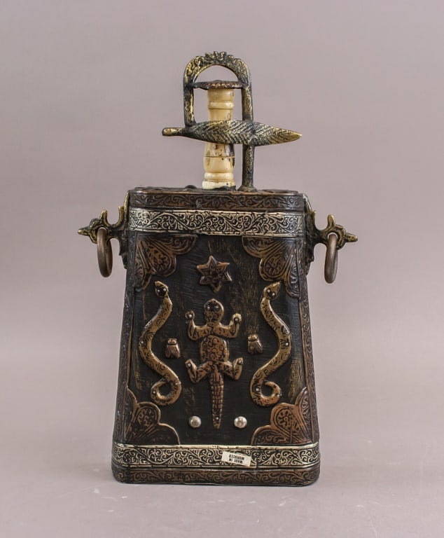 Moroccan Antique Tribal Powder Case Flask: This piece features intricate brass and copper inlay work on a dark wooden body, adorned with detailed motifs including two serpents and a central lizard figure. The flask is topped with a decorative
