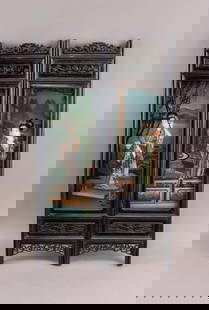 Chinese Reverse Painted Wood Carved Screens 2pc: Chinese reverse painted wood carved screens, two pieces, featuring intricate wood carvings and reverse glass paintings. Each screen depicts traditional Chinese figures in detailed landscapes, with one