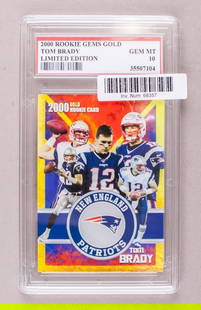 2000 Rookie Gems Gold Tom Brady Gem 10 PSG: 2000 Rookie Gems Gold Tom Brady Card, graded Gem Mint 10 by PSG (not verified). Features an early-career image of Brady and includes gold foil detailing specific to the Rookie Gems series. Card number