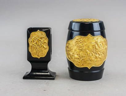 Japanese Gilt Lacquerware & Box: Japanese Gilt Lacquerware Box and Cylindrical Container. Comprising a rectangular box with pedestal base and a matching cylindrical lidded container, each decorated in gold hiramaki-e and takamaki-e o