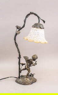 Antique European Bronze Carved Angle Table Lamp: European Bronze Carved Angel Table Lamp. Cast in bronze and depicting a winged angel figure standing on one foot over a naturalistic rocky base, supporting a vine-form stem with leaf details. H: 48 cm