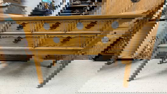 Vintage Chinese Elm Wood Carved Side Table: Vintage Chinese Elm Wood Carved Side Table. Rectangular form crafted from solid elm wood with natural finish. Features five drawers with carved fronts and original black metal ring pull handles. The d