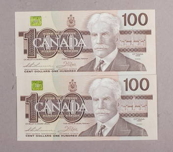 1988 Canada $100 Banknotes 2pc: This lot includes two $100 banknotes issued by the Bank of Canada in 1988. Each note features a portrait of Sir Robert Borden on the obverse, with the Parliament Buildings in the background. The rever