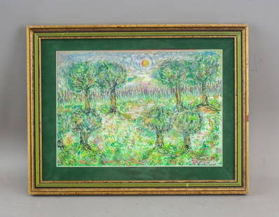 WC on Paper Signed Vincent van Gogh '87 T. Eaton: Watercolor on paper, framed. This composition depicts a green field with dispersed trees, a horizontal fence line, and a stylized sky featuring a bright sun. Executed in vivid pigments, the image show