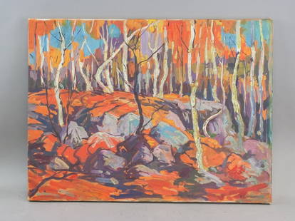 Canadian Oil on Canvas Sgd Alexander Young Jackson: Oil on canvas. The work depicts a Canadian forest landscape with slender white-trunked trees amid vibrant autumn foliage in tones of orange, red, and purple. The terrain shows rocky ground intersperse