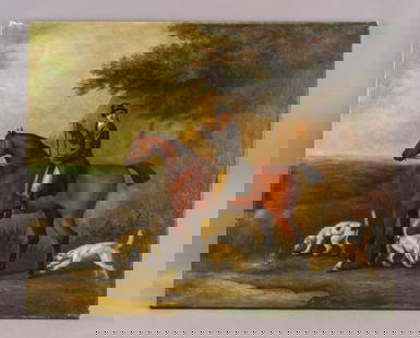 Canadian Oil on Canvas Signed P. Cerlut: Oil on canvas. The painting depicts an equestrian hunting scene with a male rider in traditional attire mounted on a chestnut horse, accompanied by three white hunting dogs. Signed P. Cerlut on bottom