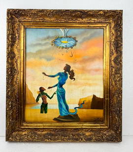 OOC Sgd Salvador Dali G. D. Thompson Collection: Oil on canvas, framed. Attributed to Salvador Dali (1904 - 1989). This artwork depicts two human figures, one larger and one smaller, engaged in a fantastical act of levitation. The larger figure, dre