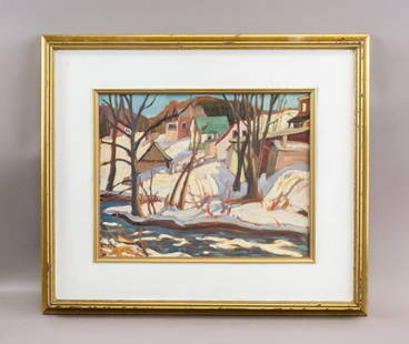 Oil on Board Signed Alexander Young Jackson: Oil on board, framed. Alexander Young Jackson (1882 - 1974). The painting depicts a winter landscape. A cluster of buildings is nestled among bare trees and snow-covered ground, with shadows and light