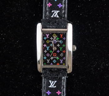Louis Vuitton Black Monogram Ladies Watch: Louis Vuitton Black Monogram ladies wristwatch featuring a rectangular silver-tone case and dial with multicolored monogram motif. Fitted with a black leather strap also bearing the multicolored monog