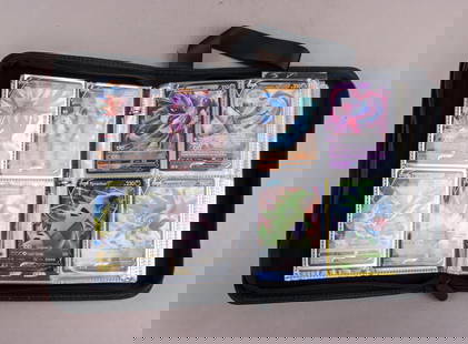 Huge Pokemon TCG Cards Full Binder Collection: Huge Pokémon TCG Cards Full Binder Collection: Red binder with lightning bolt graphics containing a large assortment of Pokémon Trading Card Game cards. Includes multiple pages of sleeved cards feat