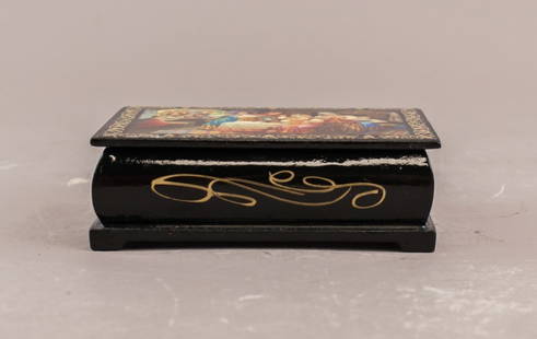 European Lacquer Painted Jewelry Trinket Box: European Lacquer Painted Jewelry Trinket Box. This rectangular box features a hinged lid with a vibrant miniature painting depicting a folkloric scene. The sides are adorned with gold-tone filigree de
