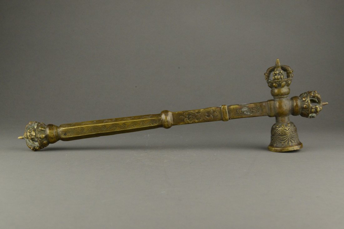 Tibetan Dorje Wand Ceremonial Phurba, 19th Century: Tibetan Dorje Wand Ceremonial Phurba, cast in bronze with three half-vajras and a bell, each half-vajra with four makaras and each issuing a prong, bordered by beaded rims and lotus petal frieze, the 