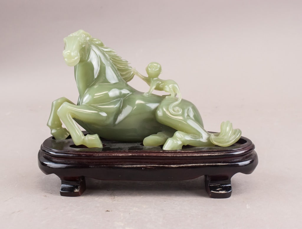 Chinese Green Jade Carved Horse w/ Wood Stand (1 of 10)