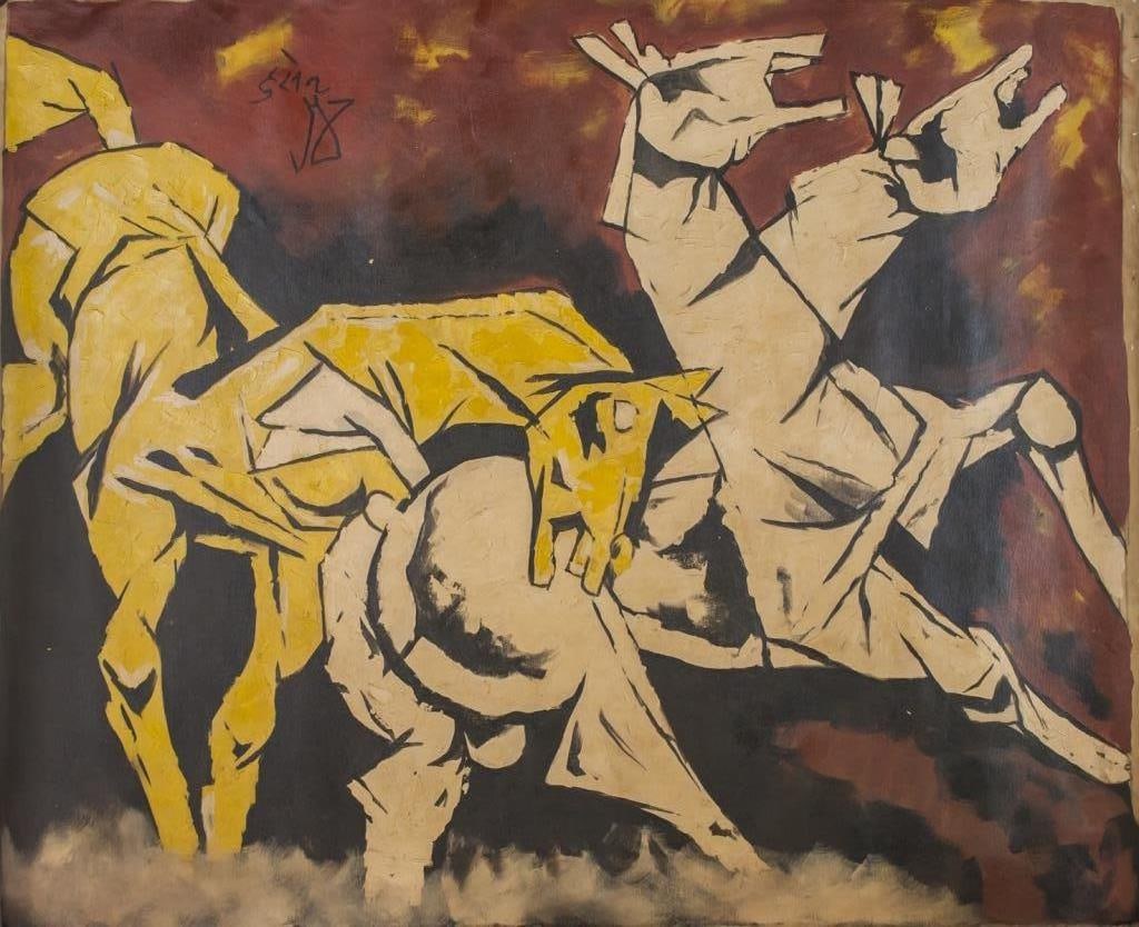 Indian Oil on Canvas Sgd Maqbool Fida Husain '58: Oil on canvas. This oil painting on canvas features a dynamic composition of stylized horses rendered in angular forms and bold outlines, characteristic of Maqbool Fida Husain’s modernist style. Sig