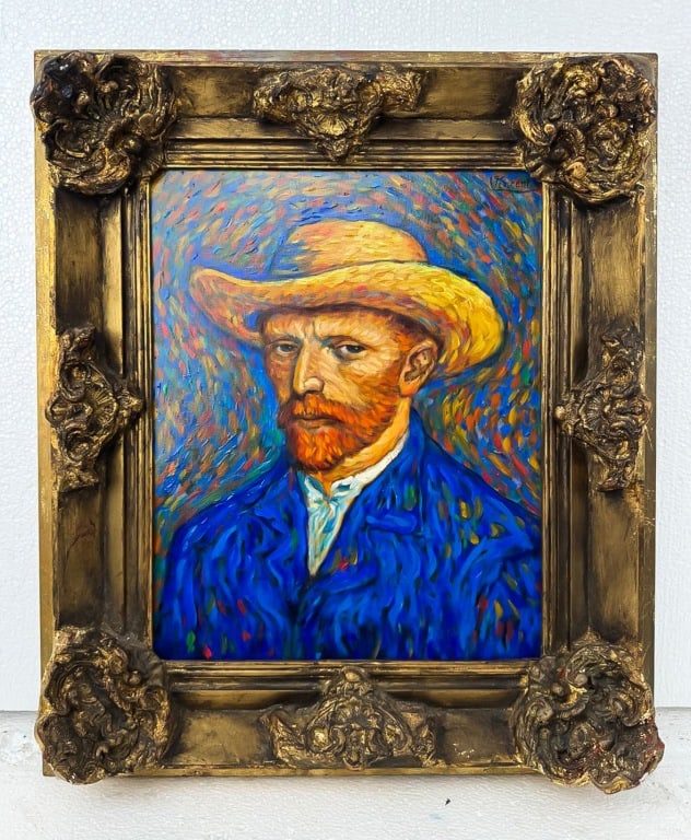 OOC Sgd Vincent van Gogh Curt Valentin Gallery: Oil on canvas, framed. Attributed to Vincent van Gogh (1853 - 1890). This portrait presents a striking depiction of the artist himself, rendered in a palette dominated by intense blues, fiery oranges,