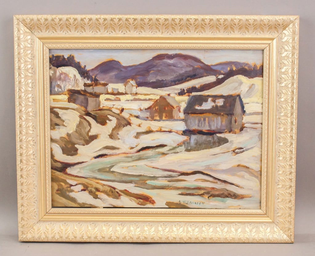 Rare OOB Sgd Alexander Young Jackson w/ Provenance: Oil on board, framed. Attributed to Alexander Young Jackson (1882 - 1974). This piece features a winter landscape with rolling hills and a village, rendered in Jackson’s bold, expressive brushwork a