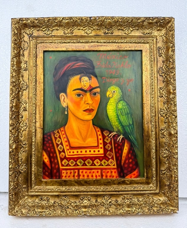 OOC Sgd Frida Kahlo '1949 Nacional De Bellas Artes: Oil on canvas, framed. Attributed to Frida Kahlo (1907 - 1954). This self-portrait features the artist in traditional Mexican attire with a parrot perched on her shoulder and a miniature depiction of