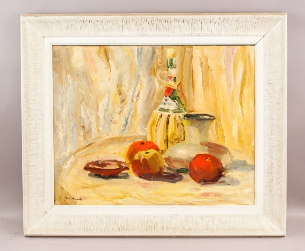 Canadian Oil on Canvas Signed Tom Roberts: Oil on canvas, framed. The painting features a bottle with intricate label details, positioned upright on a surface alongside two ripe, red apples and an indistinct object. The backdrop unveils an abs