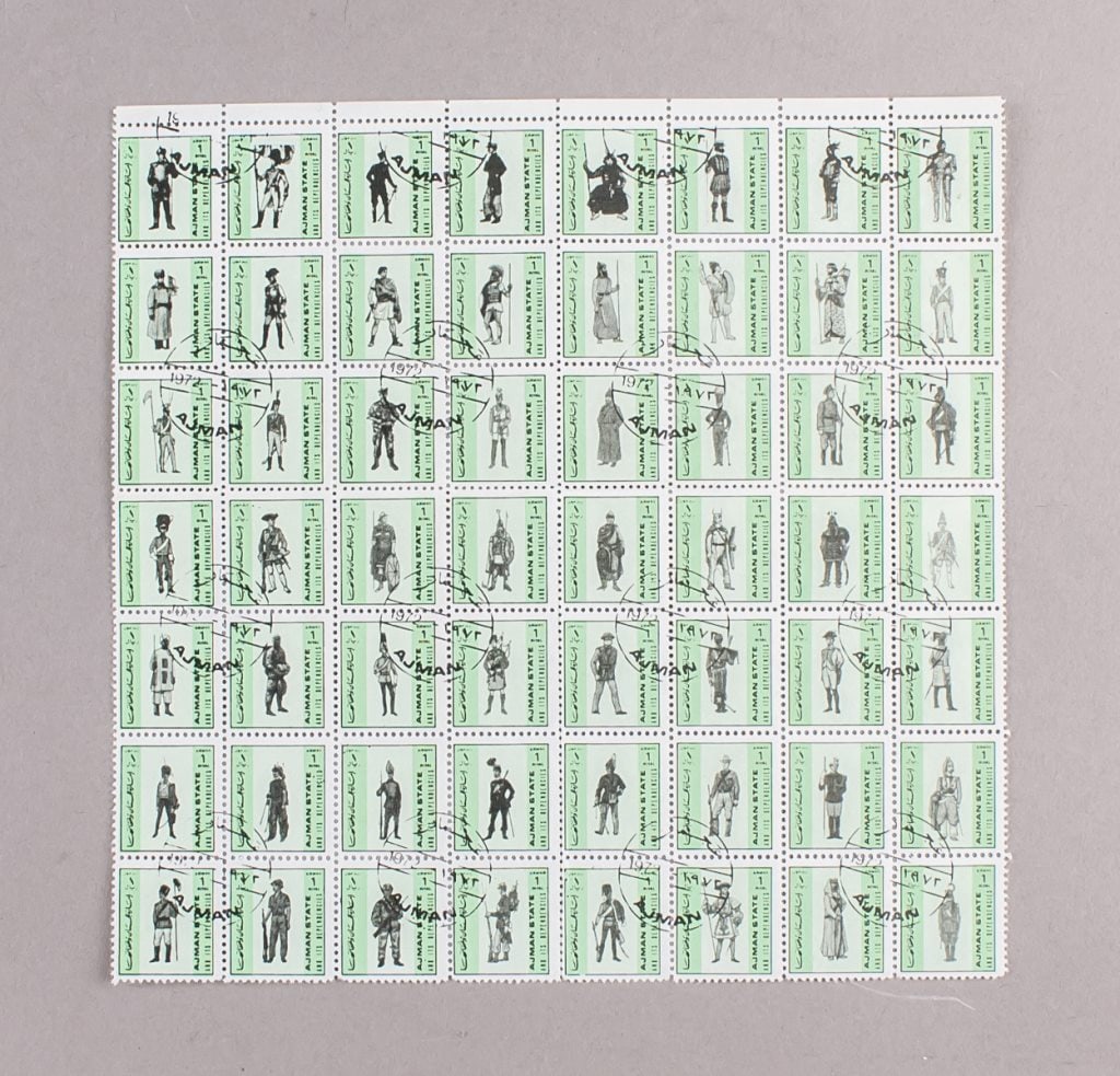 1972 Ajman State Green Stamps 56pc: This complete sheet of green stamps from Ajman State features various historical figures in traditional attire, arranged in an 8x7 grid. Each stamp is postmarked with black ink and dated 1972, with ve