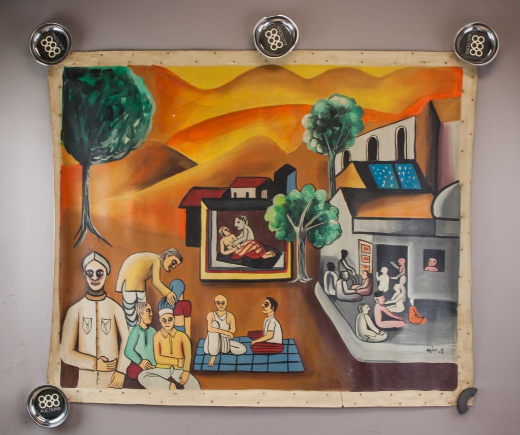 Indian Oil on Canvas Signed Bhupen Khakhar: Oil on canvas. This artwork depicts a stylized village scene with figures engaged in various social and domestic activities, rendered in bold outlines and flat areas of color. The composition includes