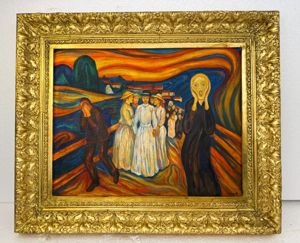 OOC Sgd Edvard Munch Pierre Matisse Gallery '1884: Oil on canvas, framed. Attributed to Edvard Munch (1863 - 1944). Depicting a reinterpretation of The Scream, with the iconic central figure positioned on the right, rendered in expressive brushwork an