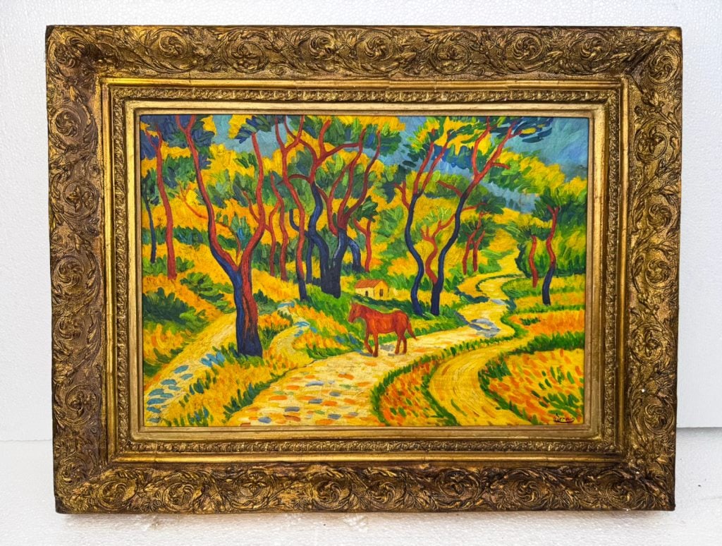 OOC Sgd Andre Derain Galerie Maeght Paris: Oil on canvas, framed. Attributed to Andre Derain (1880 - 1954). Depicting a vibrant landscape with a winding stone path leading through a forested area populated by tall, slender trees. The foliage i