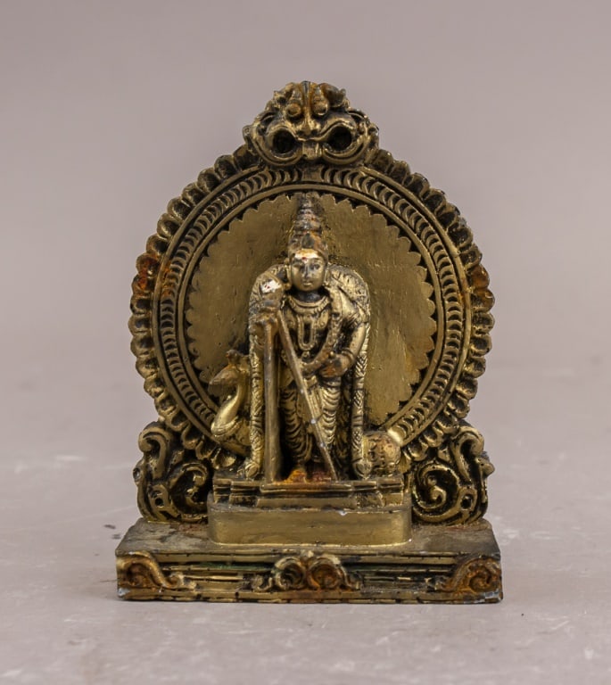 Malaysian Gilt Wood Carved Lord Murugan Sculpture: Malaysian gilt wood carved sculpture depicting Lord Murugan, intricately detailed with traditional motifs and ornamental patterns. The figure showcases fine craftsmanship, with refined carving and gol