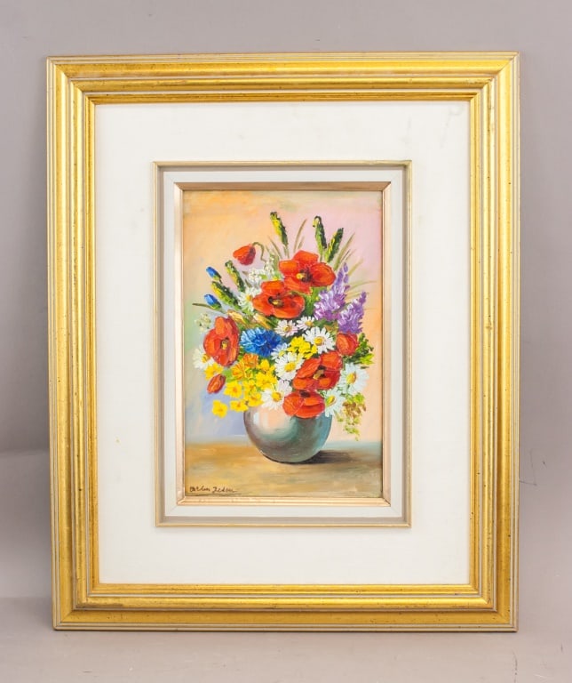 French Oil on Canvas Signed Odilon Redon T. Eaton: Oil on canvas, framed. Depicting a floral still life with red poppies, white daisies, yellow daffodils, purple blossoms, and green foliage arranged in a light blue vase against a pastel background of