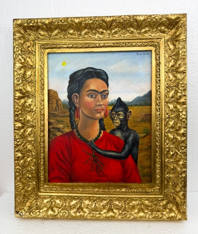 OOC Signed Frida Kahlo Julien Levy Gallery: Oil on canvas, framed. Attributed to Frida Kahlo (1907 - 1954). The composition presents Kahlo in a red garment with braided hair adorned with ribbons, accompanied by a black monkey whose arm encircle