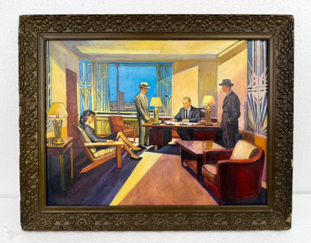 OOC Signed Edward Hopper Museum Modern Art NY: Oil on canvas, framed. Attributed to Edward Hopper (1882 - 1967). The composition presents a room with a seated woman and standing man in the foreground, and three suited men positioned around a desk