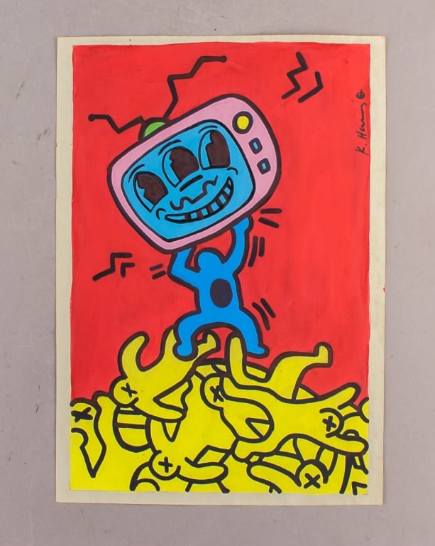 WC Signed Keith Haring w/ Estate Stamp '1983: Watercolor on paper. Depicting a blue humanoid figure with a television head standing atop a group of yellow dog-like forms against a red background. The composition includes black zigzag lines around