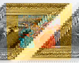 OOB Signed Toulouse-Lautrec Musee TL: Oil on canvas, framed. Attributed to Henri de Toulouse-Lautrec (1864 - 1901). The composition presents a central female figure in a green dress with red belt, surrounded by men and women in formal wea