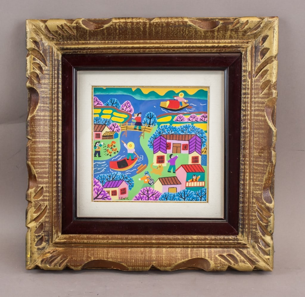 Canadian WC on Paper Signed Maud Lewis T. Eaton.: Watercolor on paper, framed. Depicting a stylized village scene with red-roofed houses, figures engaged in various activities, boats on water, birds in flight, and trees with pink and purple foliage u