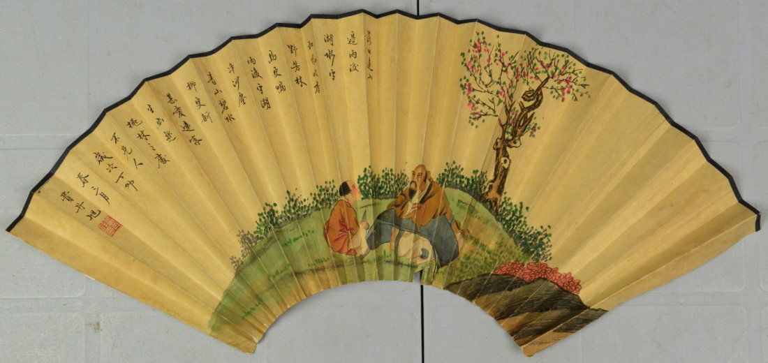 Chinese Fan Painting of Sage Signed Fei Dan Xu: Sage and child in the courtyard, fan painting, Chinese ink and watercolour on paper, 23 cm x 45 cm.