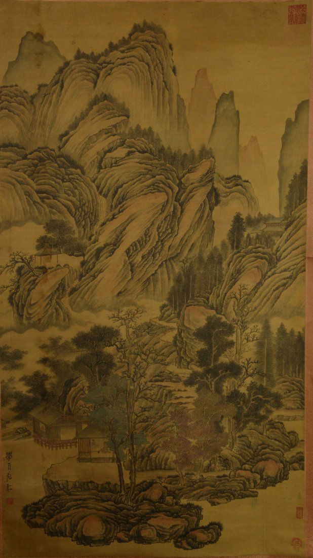 Painting of Landscape Signed Hong Ren w Qing Mk: Chinese landscape, hanging scroll, Chinese ink and watercolour painting on paper, signed Hong Ren with three red seals. Marked Qing. 141 cm x 79 cm. Provenance: T. Ng Collection Toronto.