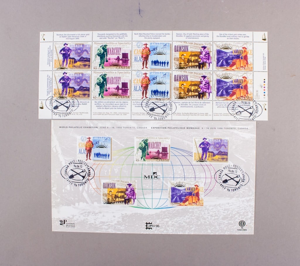 1996 Canada Post Yukon Gold Rush Centennial Stamp: Canada Post commemorative stamp sheet and souvenir sheet issued for the Yukon Gold Rush Centennial and CAPEX '96 World Philatelic Exhibition, Toronto, June 8–16, 1996. The sheet comprises five 45-ce