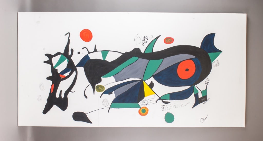 Spanish Oil on Canvas Signed Joan Miro: Oil on canvas. Featuring abstract composition of irregular shapes and circular elements in black, green, blue, red, and yellow on white ground. Executed in dynamic brushwork with overlapping forms and