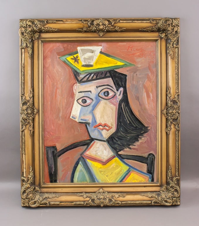 OOC Signed Picasso '3.4.63 Galerie G. Argentine: Oil on canvas, framed. This composition presents a frontal bust of a woman with exaggerated and geometric facial features, including asymmetrical eyes, elongated nose, and red lips, rendered in a pale
