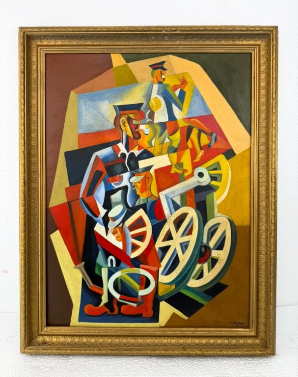 OOC Signed Fortunato Depero Lamela Verde Galleira: Oil on canvas, framed. Attributed to Fortunato Depero (1892 - 1960). Depicting a dynamic composition of abstracted military figures and mechanical elements rendered in bold geometric forms and vivid p