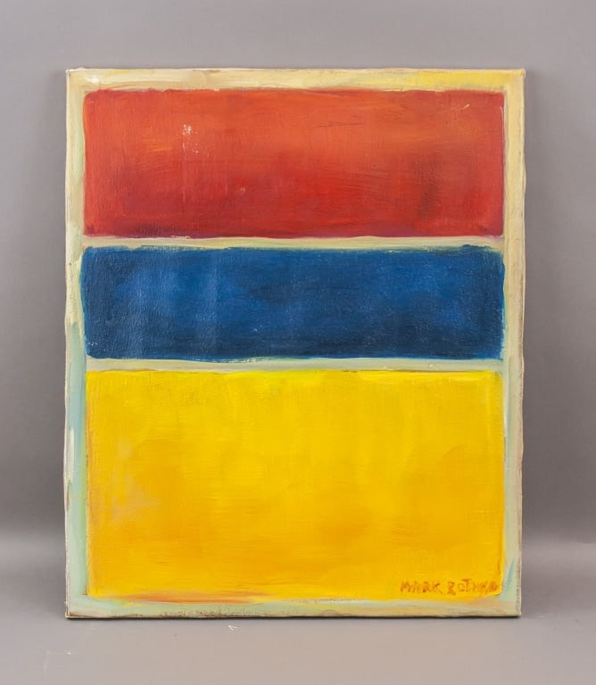American Oil on Canvas Signed Mark Rothko: Oil on canvas. Featuring three stacked horizontal fields of color: red-orange, deep blue, and yellow. Composition reflects Rothko’s mature style of color field abstraction. Signed Mark Rothko bottom