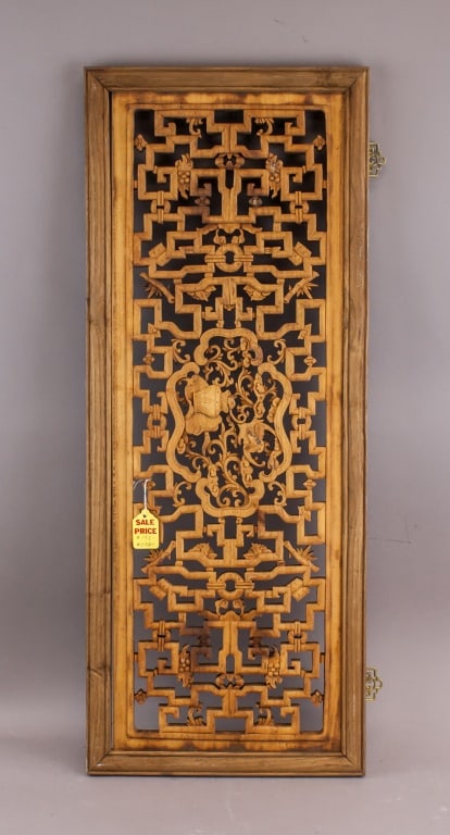 Chinese Wood Carved Lattice Window Panel: This finely crafted panel features an intricate lattice design with geometric and floral motifs, showcasing traditional Chinese woodworking techniques. The carvings include symbolic elements such as g