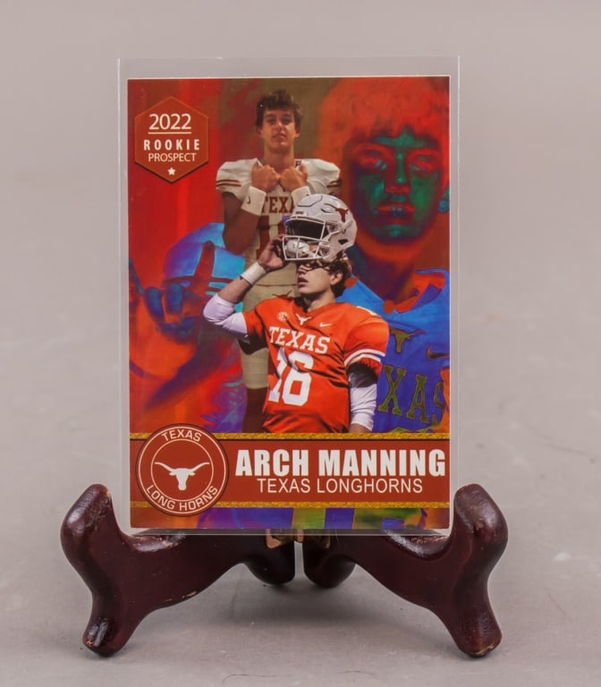 2022 Arch Manning Rookie Prospect Card: 2022 Arch Manning football card, Rookie Gems series, labeled “Rookie Prospect” and “Limited Edition,” featuring multiple images of Manning in Texas Longhorns uniform with number 16. Re