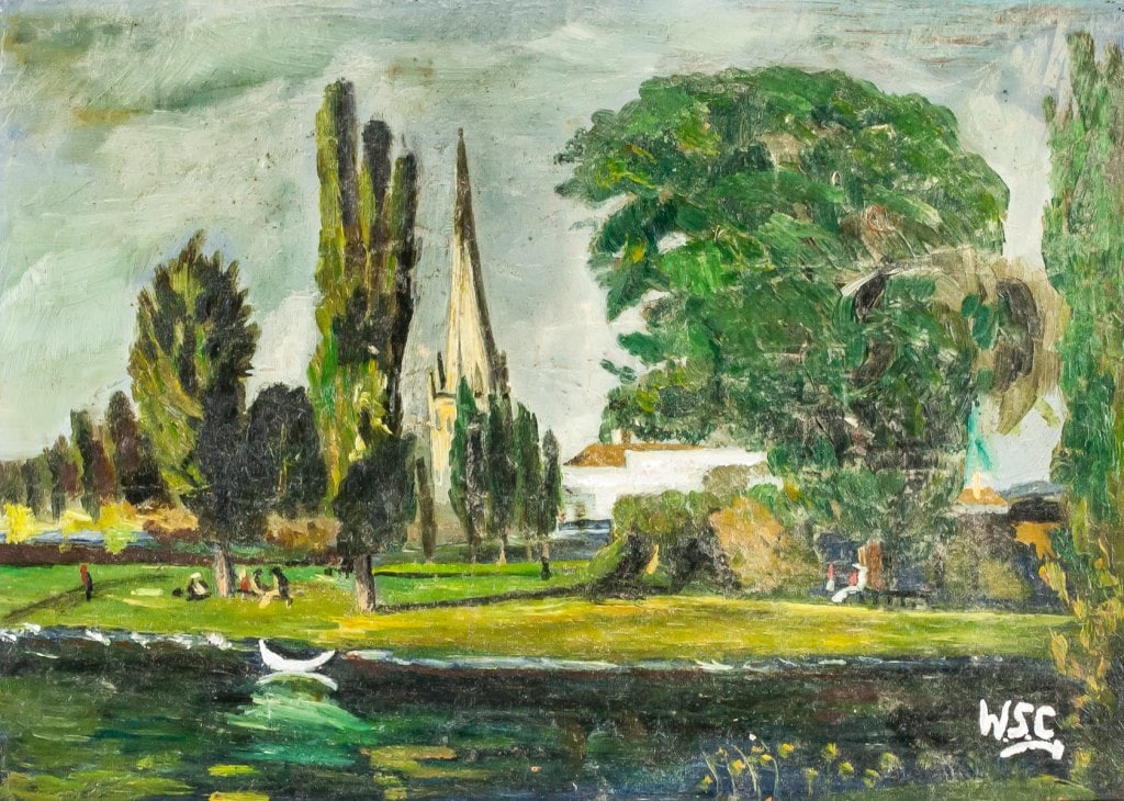 OOB Signed Winston Churchill Galerie Mathias Fels: Oil on board. Depicting a riverside landscape with a church spire, small boat, and figures on the bank. The composition includes green foliage, muted sky tones, and impressionistic brushwork. Signed W