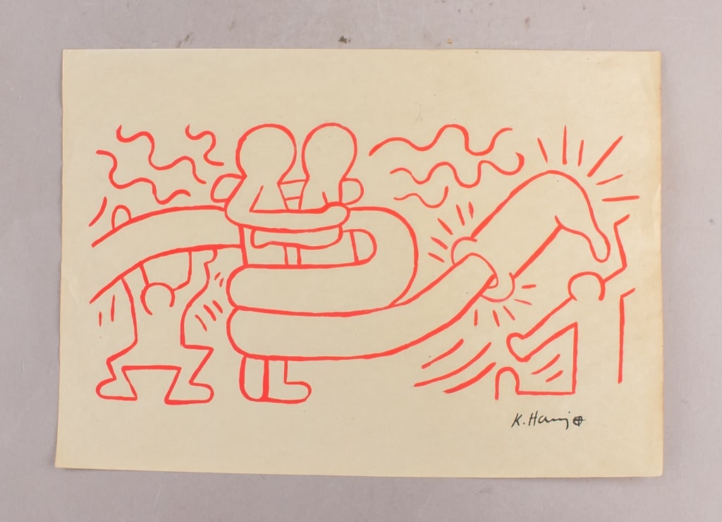 WC on Paper Signed Keith Haring w/Estate Stamp '85: Watercolor on paper. Featuring stylized human figures rendered in bold red lines on a beige ground. The composition includes interlocking arms and motion lines, with figures arranged in dynamic poses