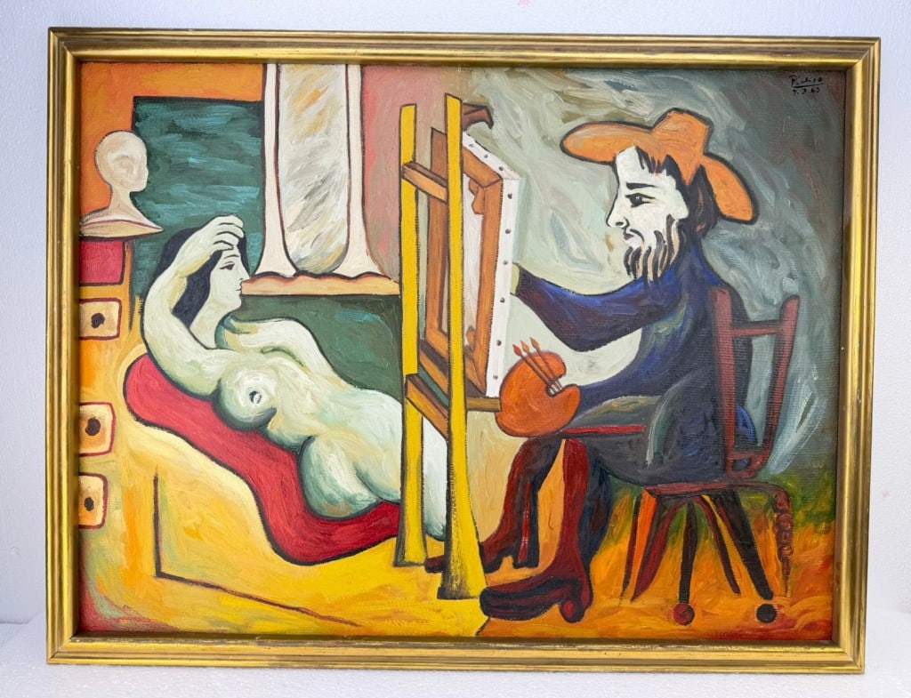 OOC Signed Picasso '9.3.63 Marlborough Fine Art: Oil on canvas, framed. Attributed to Pablo Picasso (1881 - 1973). Depicting a studio scene with a seated male painter at work before an easel and a reclining nude female model on a red chaise lounge,