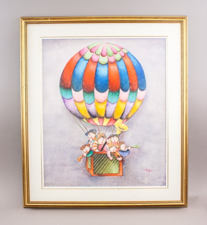 Italian Oil on Canvas Signed Joyce Roybal: Oil on canvas, framed. Depicting a colorful hot air balloon carrying five children dressed in playful attire, with accessories including a trumpet and doll. The balloon is rendered in segmented hues o